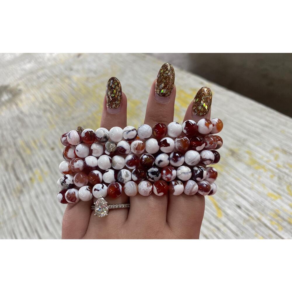8 mm Red Orca Agate Beaded Bracelet , Carnelian x Orca Agate